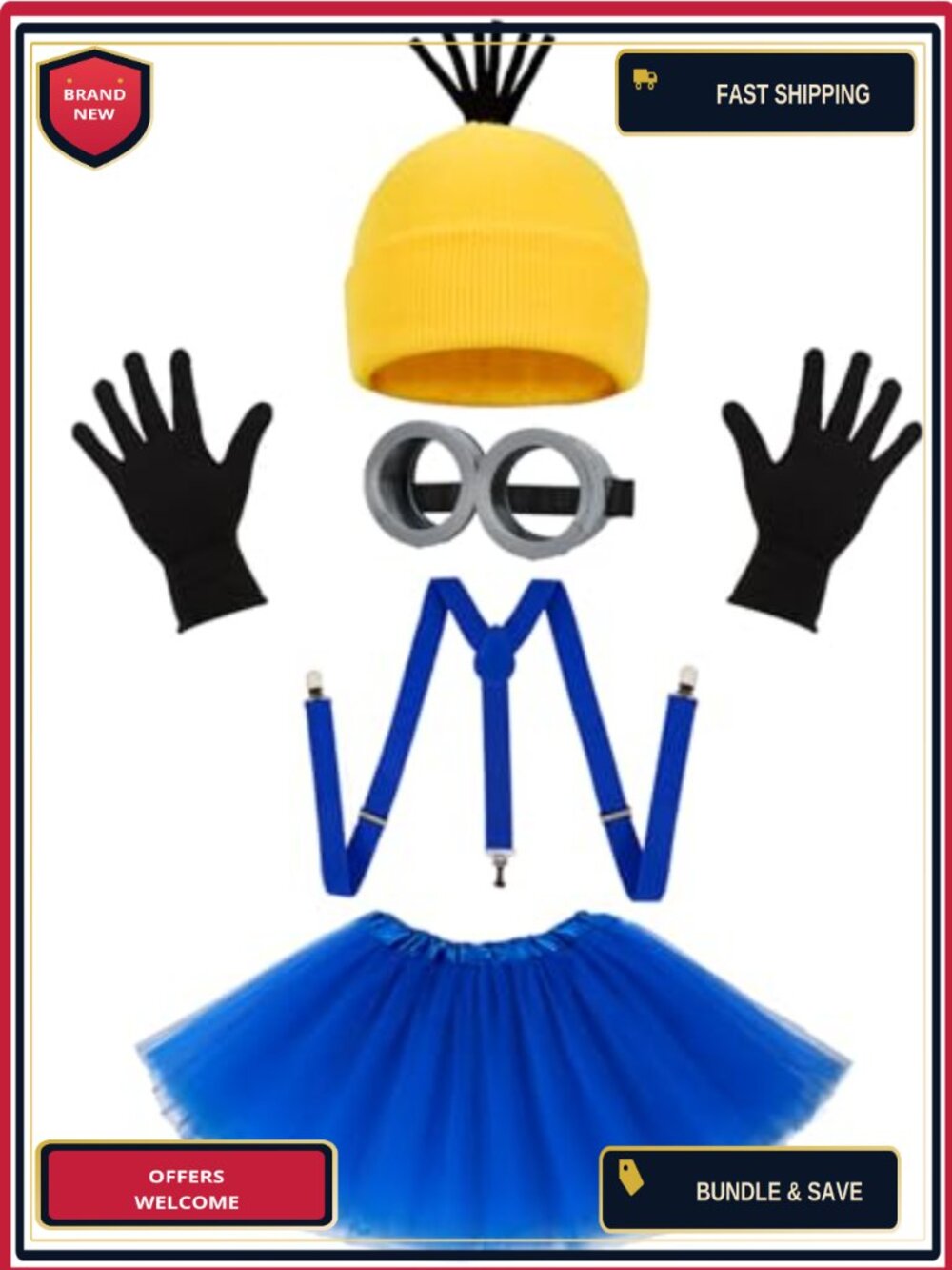 5 Pc Adult Halloween Costume Set Beanie Gloves Goggles Dress Suspenders